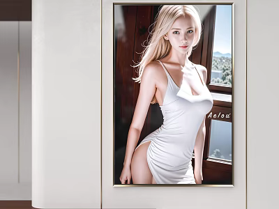 Portrait Painting Featuring Blonde Woman in White Slip Dress with Window Scenic View 3d model