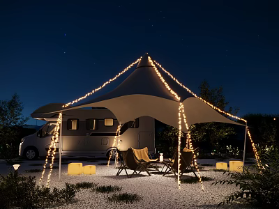 Cozy Camping Site with String Lights Tent and RV Under Starry Night Sky 3d model