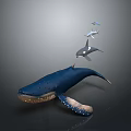 Large Blue Whale Swimming With Dolphins And Shark In Natural Ocean Habitat