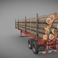 Red Trailer Loaded With Stacked Large Natural Wooden Logs For Transport