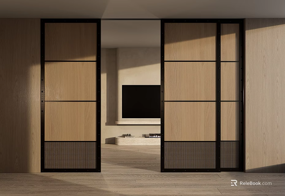 Modern Dining Living Room Interior With Wooden Sliding Doors And TV Wall Design 3d model 