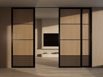 Modern Dining Living Room Interior With Wooden Sliding Doors And TV Wall Design 3d model