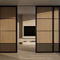 Modern Dining Living Room Interior With Wooden Sliding Doors And TV Wall Design