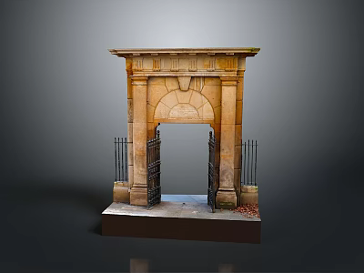 Scenic Classical Stone Archway With Carved Details Black Iron Gates And Solid Base 3d model
