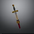 Decorative Medieval Sword With Black Hilt Golden Accents And Red Scabbard Design