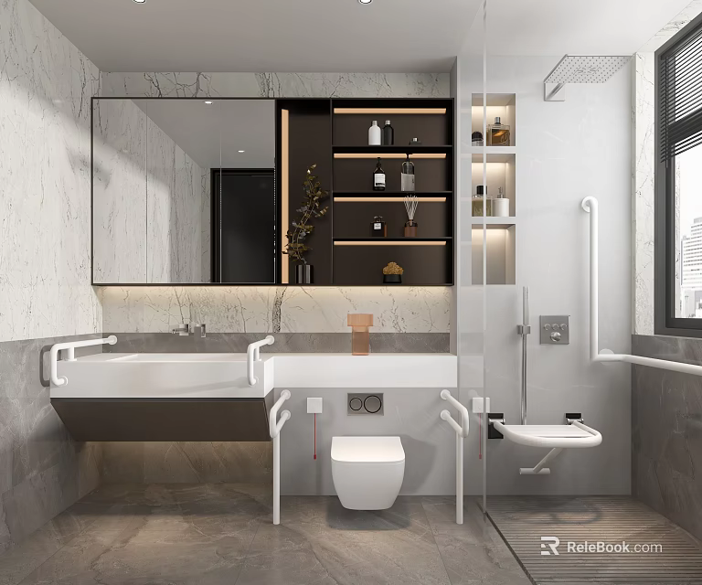 Modern Elderly Friendly Bathroom With Marble Finish And Built In Storage And Safety Grab Bars 3d model 