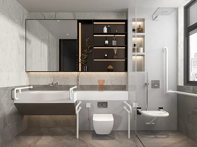Modern Elderly Friendly Bathroom With Marble Finish And Built In Storage And Safety Grab Bars 3d model