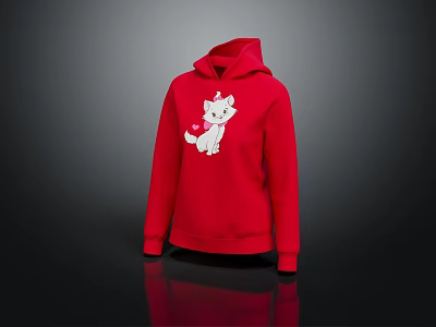 Cute Red Hoodie With White Cartoon Cat And Heart Pattern For Daily Wear 3d model