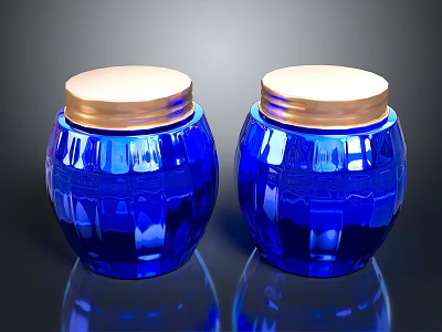 Two Carved Blue Glass Jars With Gold Lids And Intricate Sculpted Patterns 3d model