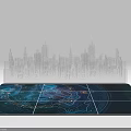 Commercial Equipment Display Mat With Blue Intricate Patterns And City Skyline Silhouette
