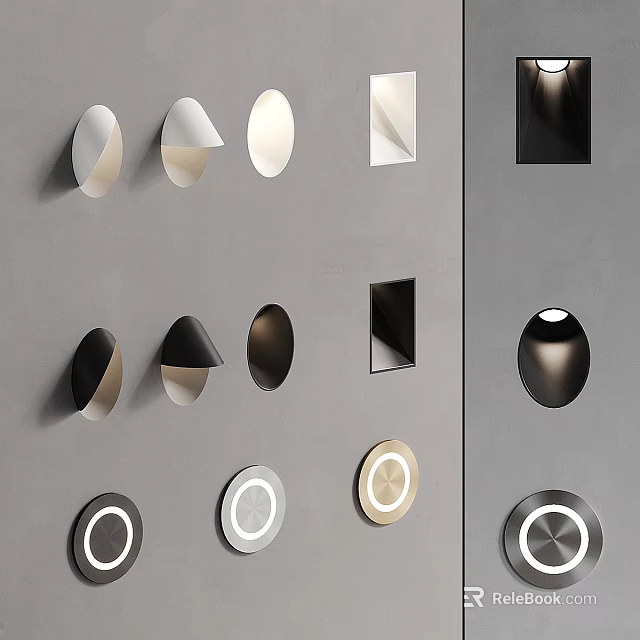 Modern Wall Lamps With Geometric Shapes In Black White And Metallic Tones On Gray Wall 3d model 