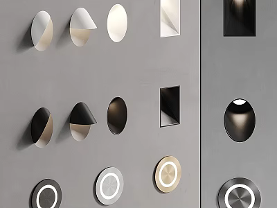 Modern Wall Lamps With Geometric Shapes In Black White And Metallic Tones On Gray Wall 3d model
