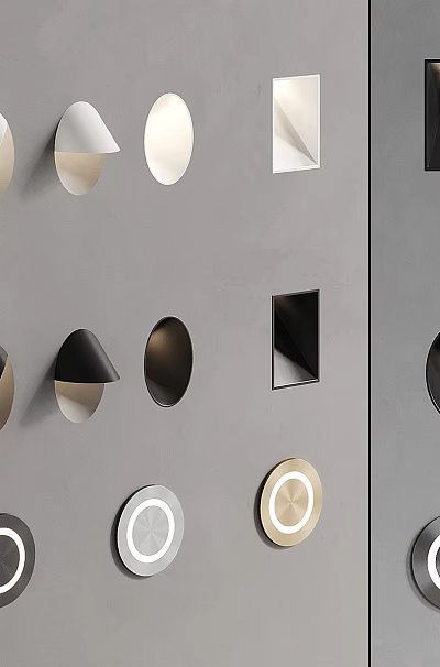 Modern Wall Lamps With Geometric Shapes In Black White And Metallic Tones On Gray Wall 3d model