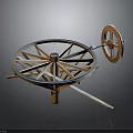 Mechanical Industrial Equipment Featuring Large Spoked Wheel And Small Wheel On Metal Stand