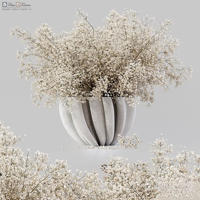 Elegant Decorative Ornament Set With Striped Vase And White Small Flowers 3d model 
