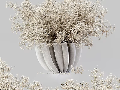 Elegant Decorative Ornament Set With Striped Vase And White Small Flowers 3d model