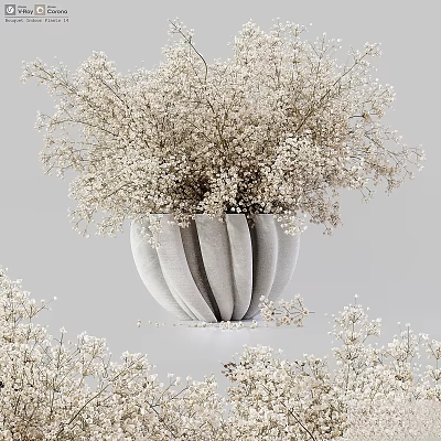 Elegant Decorative Ornament Set With Striped Vase And White Small Flowers 3d model