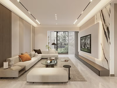 Modern Living Dining Room Interior Design With Light Sofa Marble TV Wall And Green View 3d model