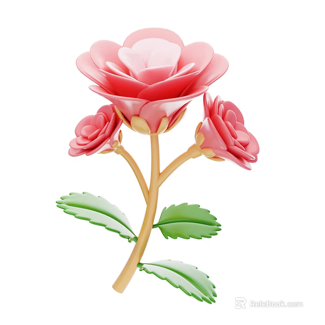 Pink Roses With Three Blooms Green Leaves And Yellow Stem 3d model 