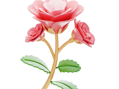 Pink Roses With Three Blooms Green Leaves And Yellow Stem 3d model