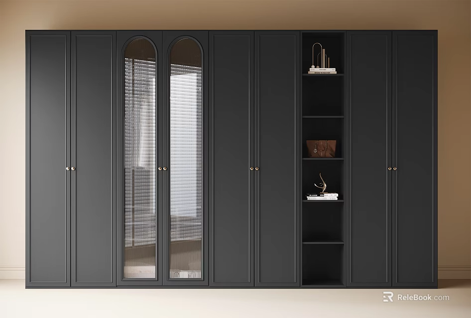 Modern Black Wardrobe Interior With Glass Panel Doors And Open Storage Shelves 3d model 