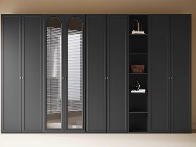 Modern Black Wardrobe Interior With Glass Panel Doors And Open Storage Shelves 3d model