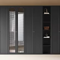 Modern Black Wardrobe Interior With Glass Panel Doors And Open Storage Shelves