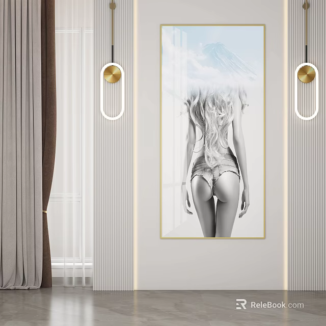 Modern Interior Wall Art With Female Back Figure Long Hair Mountain Sky 3d model 