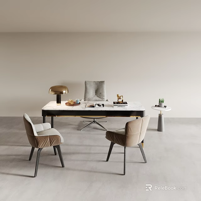 Modern Public Office Space With Marble Tabletop Desk Golden Lamp Upholstered Chairs And Potted Plant 3d model 