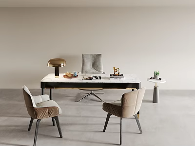 Modern Public Office Space With Marble Tabletop Desk Golden Lamp Upholstered Chairs And Potted Plant 3d model