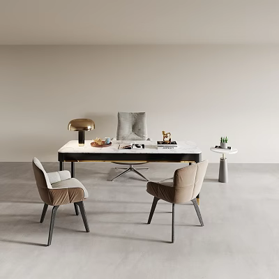 Modern Public Office Space With Marble Tabletop Desk Golden Lamp Upholstered Chairs And Potted Plant 3d model