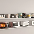 White Shelf Displaying Various Kitchen Appliances Including Toasters Coffee Makers Blenders Timers And Microwaves