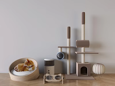 Stylish Cat Tree with Scratching Posts Platforms Cozy Bed and Feeding Bowls for Cats 3d model