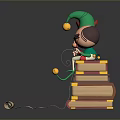 Christmas Elf With Green Hat Sitting On Stacked Books And Unfurled Scroll