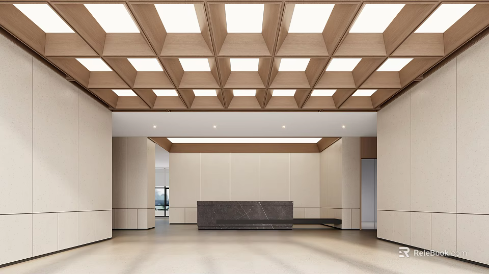 Modern Reception Desk Area With Marble Counter Wooden Grid Ceiling And Light Walls 3d model 