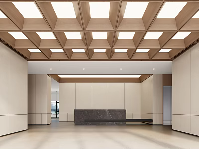 Modern Reception Desk Area With Marble Counter Wooden Grid Ceiling And Light Walls 3d model