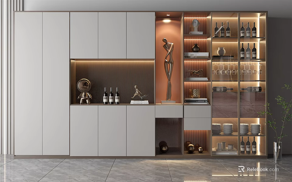 Modern Wine Cabinet Design With Glass Doors Built in Lighting And Decorative Items 3d model 