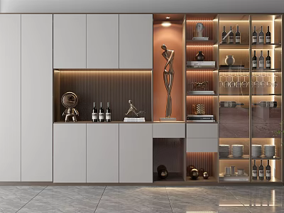 Modern Wine Cabinet Design With Glass Doors Built in Lighting And Decorative Items 3d model