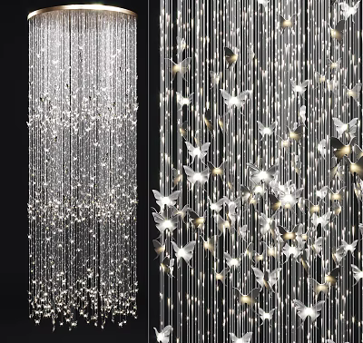 Elegant Modern Chandelier With Crystal Strings And Butterfly Decorations For Interior 3d model