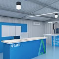 Storage Warehouse Interior With Blue Counter White Shelves And Ceiling Lights 3d model