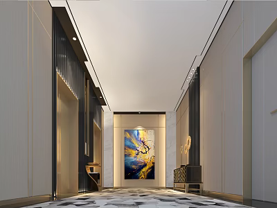 Modern Elevator Hallway With Vibrant Decorative Painting Elegant Lighting And Patterned Flooring 3d model