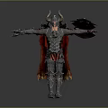 Game and Movie Armored Character with Horned Helmet Sword Shield and Red Cape