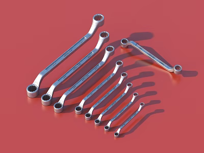 Multiple Silver Wrenches with Various Sizes on Red Background for Home Use 3d model