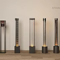 Different Design Floor Lamps with Grille and Cylindrical Black Base Illuminated on Wooden Floor