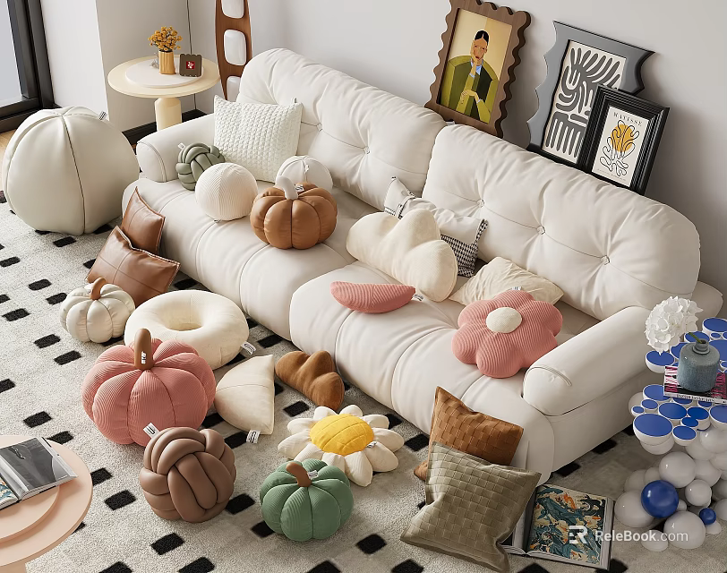 Colorful Pumpkin and Flower Shaped Pillows on White Sofa in Cozy Living Room 3d model 