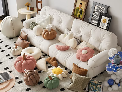 Colorful Pumpkin and Flower Shaped Pillows on White Sofa in Cozy Living Room 3d model