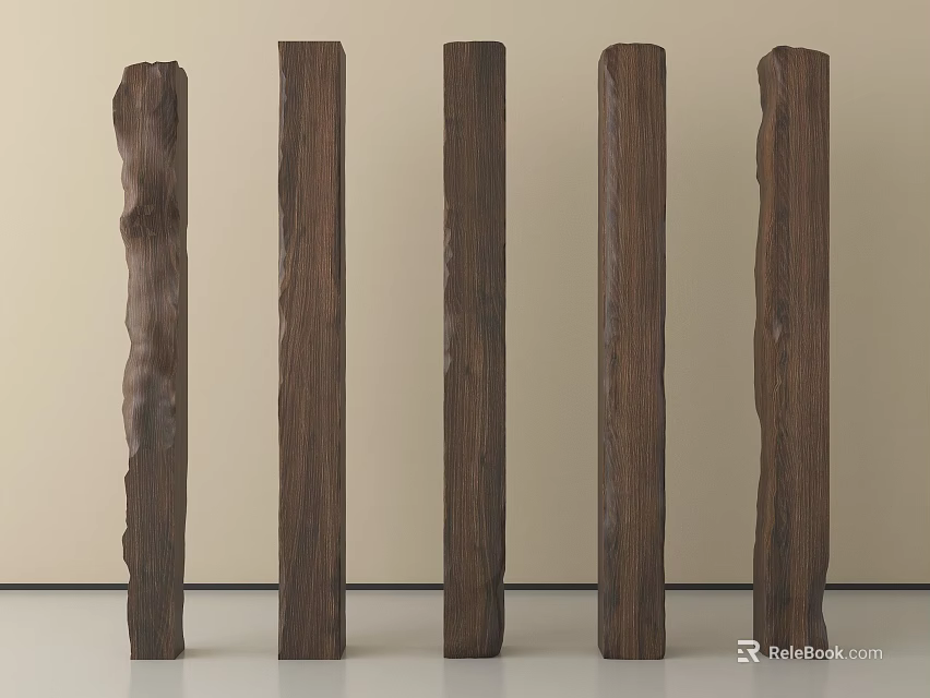 Five Different Shaped Wooden Columns Against Light Colored Wall And Gray Floor 3d model 