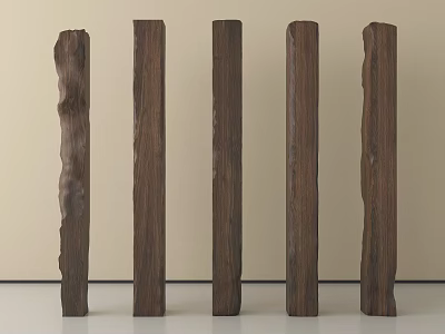 Five Different Shaped Wooden Columns Against Light Colored Wall And Gray Floor 3d model