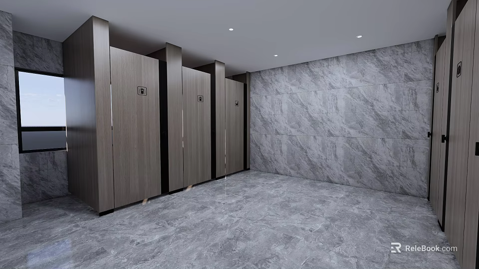 Public Restroom Interior Design With Modern Toilet Cubicles Marble Wall And Grey Floor 3d model 