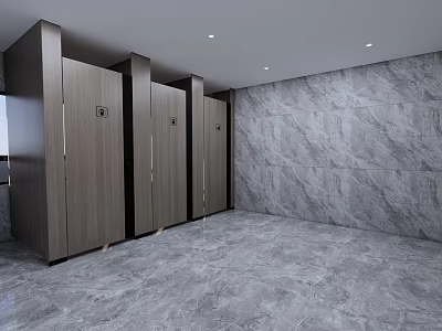 Public Restroom Interior Design With Modern Toilet Cubicles Marble Wall And Grey Floor 3d model